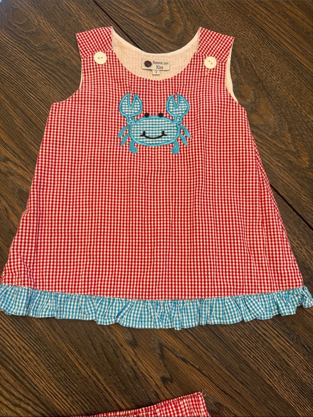 Smock Dot Kids Red Gingham Top with Blue Crab Appliqué - Picture 2 of 7